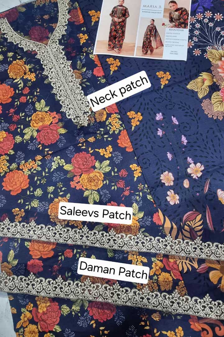 MARIA.B – 3PC KHADDAR UNSTITCHED DIGITAL PRINTED SUIT WITH EMBROIDERED PATCHES