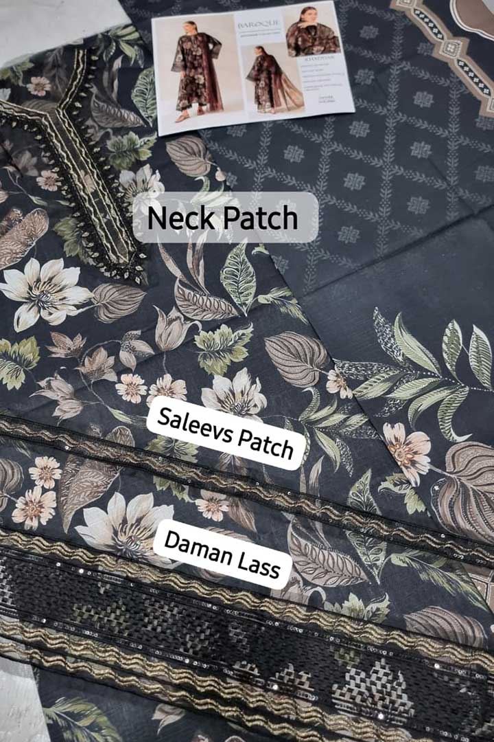 BAROQUE – 3PC KHADDAR UNSTITCHED DIGITAL PRINTED SUIT WITH EMBROIDERED PATCHES