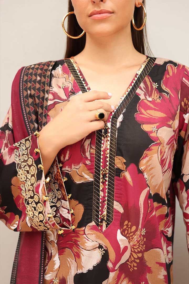 BAROQUE – 3PC KHADDAR UNSTITCHED DIGITAL PRINTED SUIT WITH EMBROIDERED PATCHES