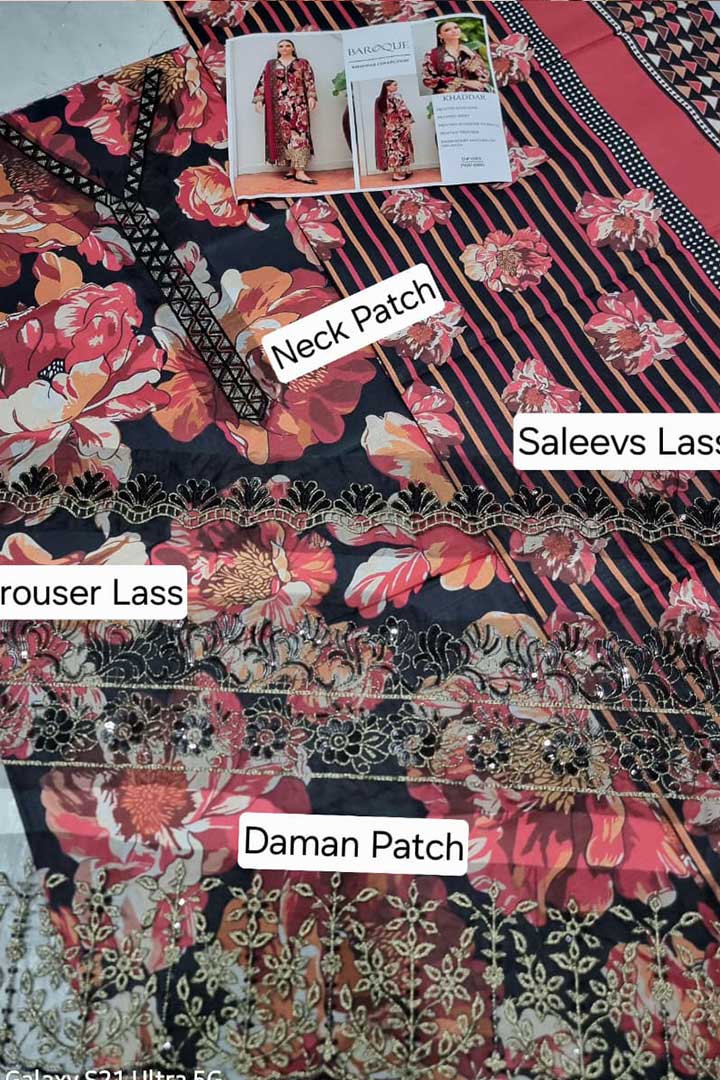BAROQUE – 3PC KHADDAR UNSTITCHED DIGITAL PRINTED SUIT WITH EMBROIDERED PATCHES